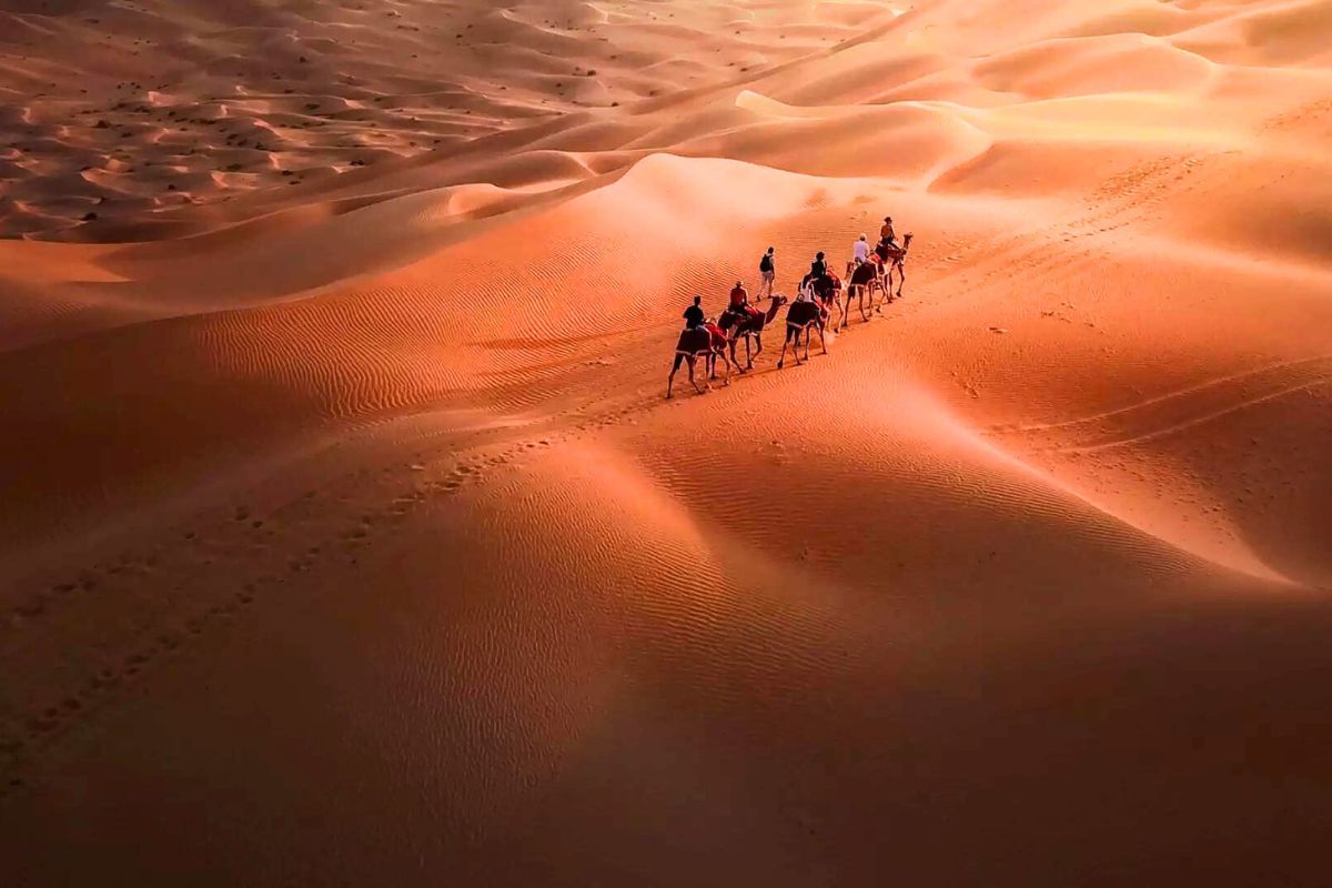 Showing a picture tourists riding camels in the middle of a desert, a great place to go on a road trip in the UAE