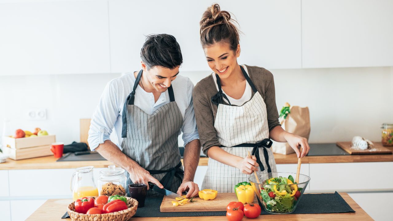 couple cooking together