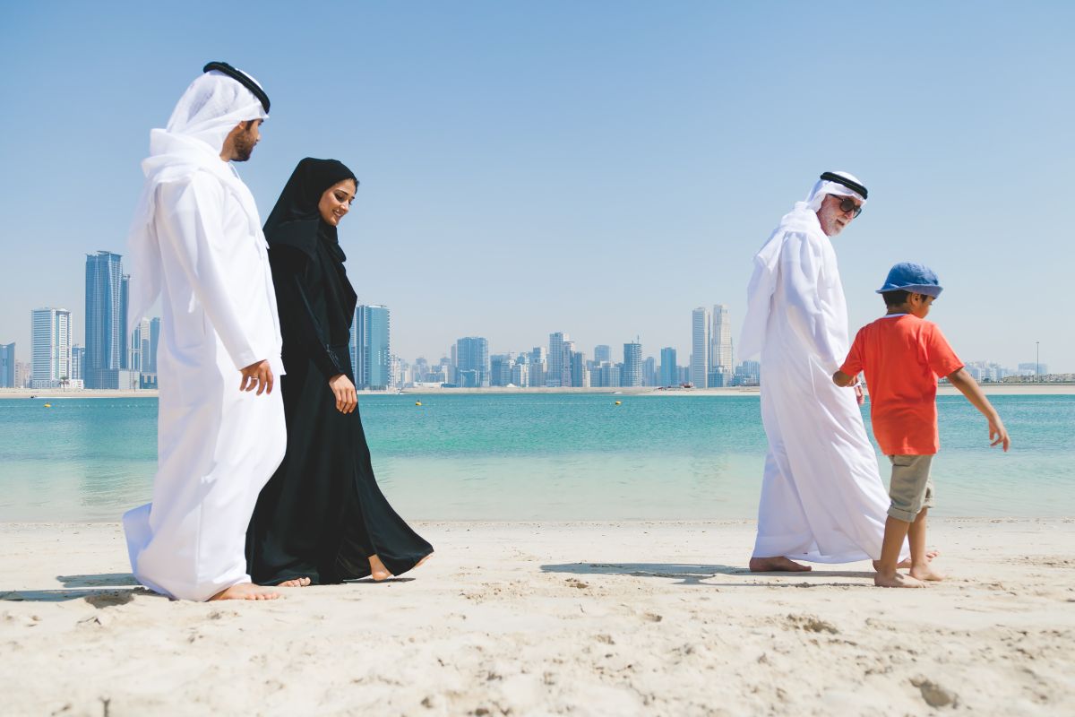 An Emirati family strolling down the Abu Dhabi corniche for the best Things to do in Abu Dhabi this July