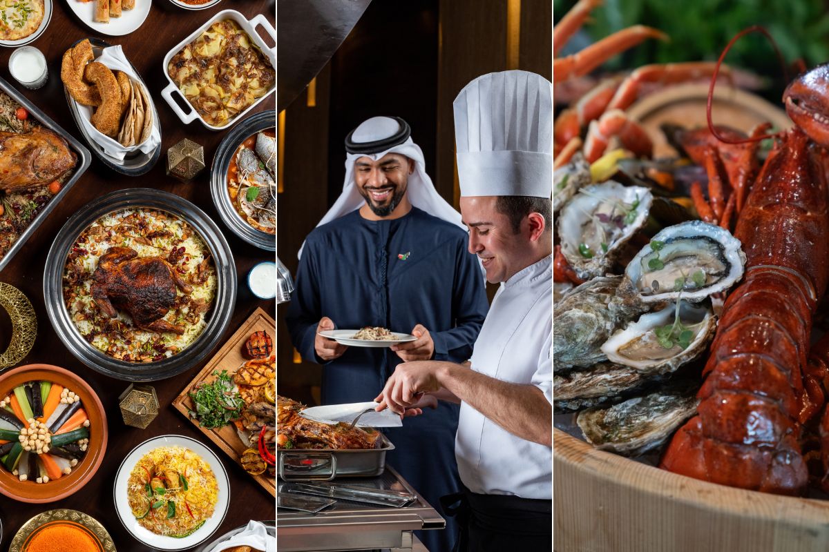 A variety of Eid Al Adha meals surf and turf style, an Emirati man holding his plate to get another serving from the chef and oyster and lobster for the surf and turf meal at Grand Hyatt Abu Dhabi Summer June offers