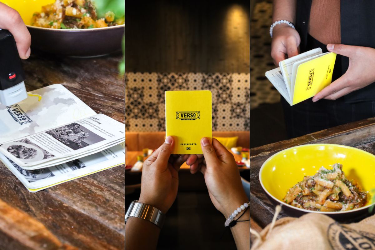 Stamping a passport, holding the passport to show the cover, and a passport being glanced with pasta on the background for Pasta Passport Grand Hyatt Abu Dhabi Summer offer