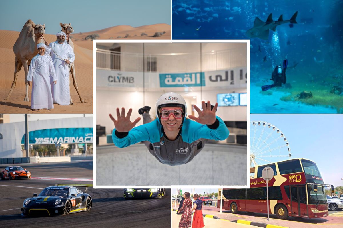 a collage of the Ultimate list of things to do in Abu Dhabi featuring local Emiratis with camels, a lady free falling zero gravity at Clymb Abu Dhabi, a race track with cars at Yas Marina Circuit, Big bus parked with tourist and underwater fun at