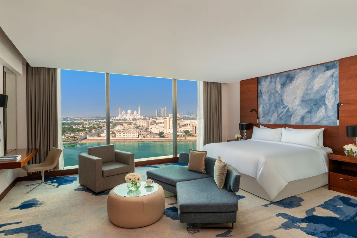 One of the rooms at Fairmont Bab Al Bahr overlooking Abu Dhabi and Sheikh Zayed Grand Mosque for their Eid Al Adha staycation and dining offers