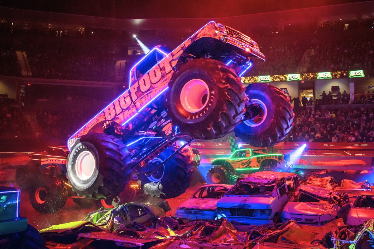 A Hot Wheel Monster Truck live glow crushing small cars underneath, going live this November in Etihad Arena