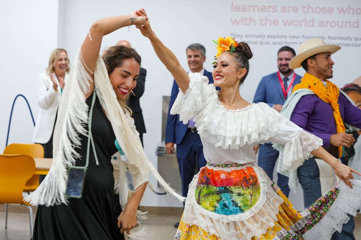 Teachers dancing and celebrating at Nord Anglia International School Abu Dhabi for World Languages day