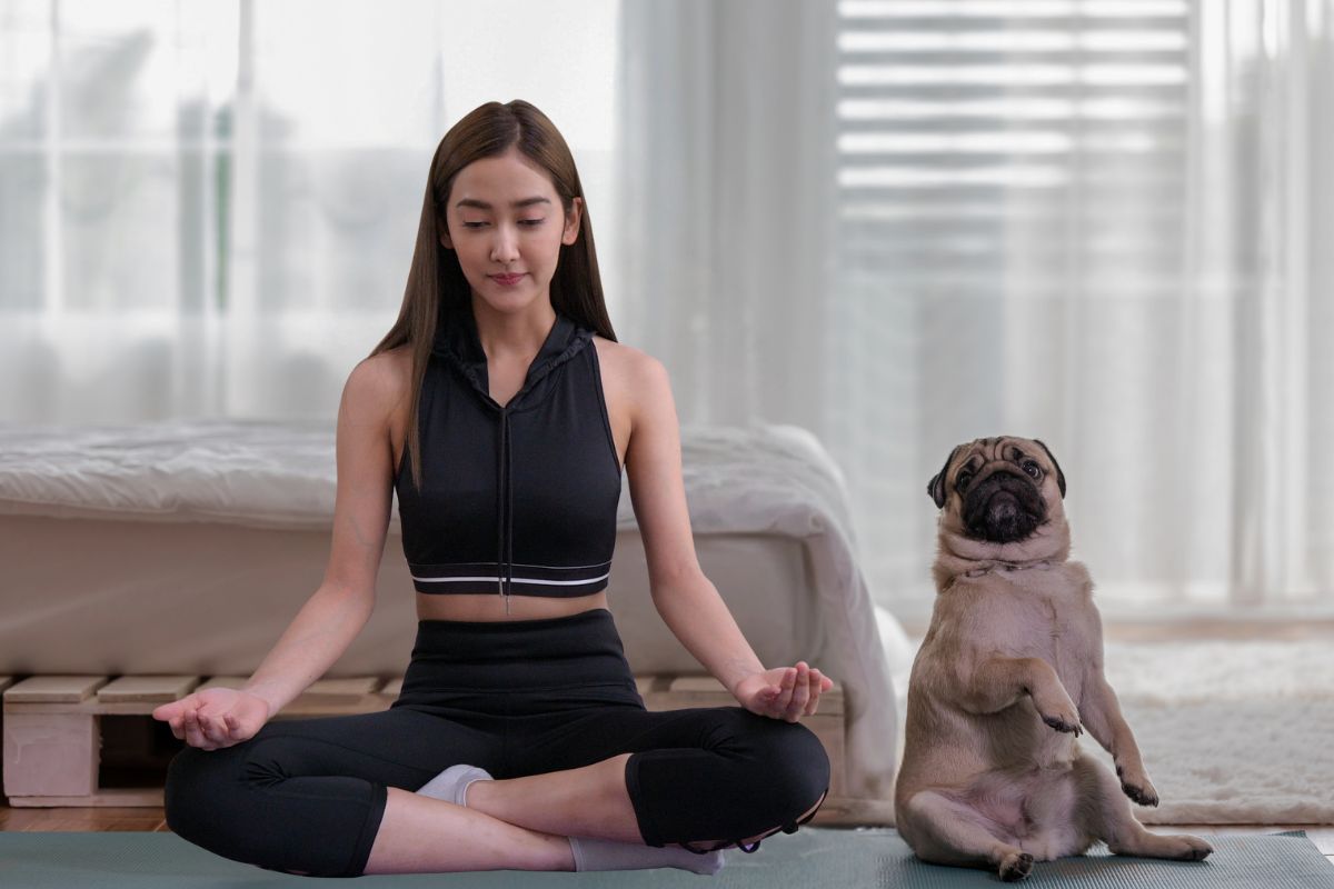 A lady and a puppy doing yoga at Saadiyat Island