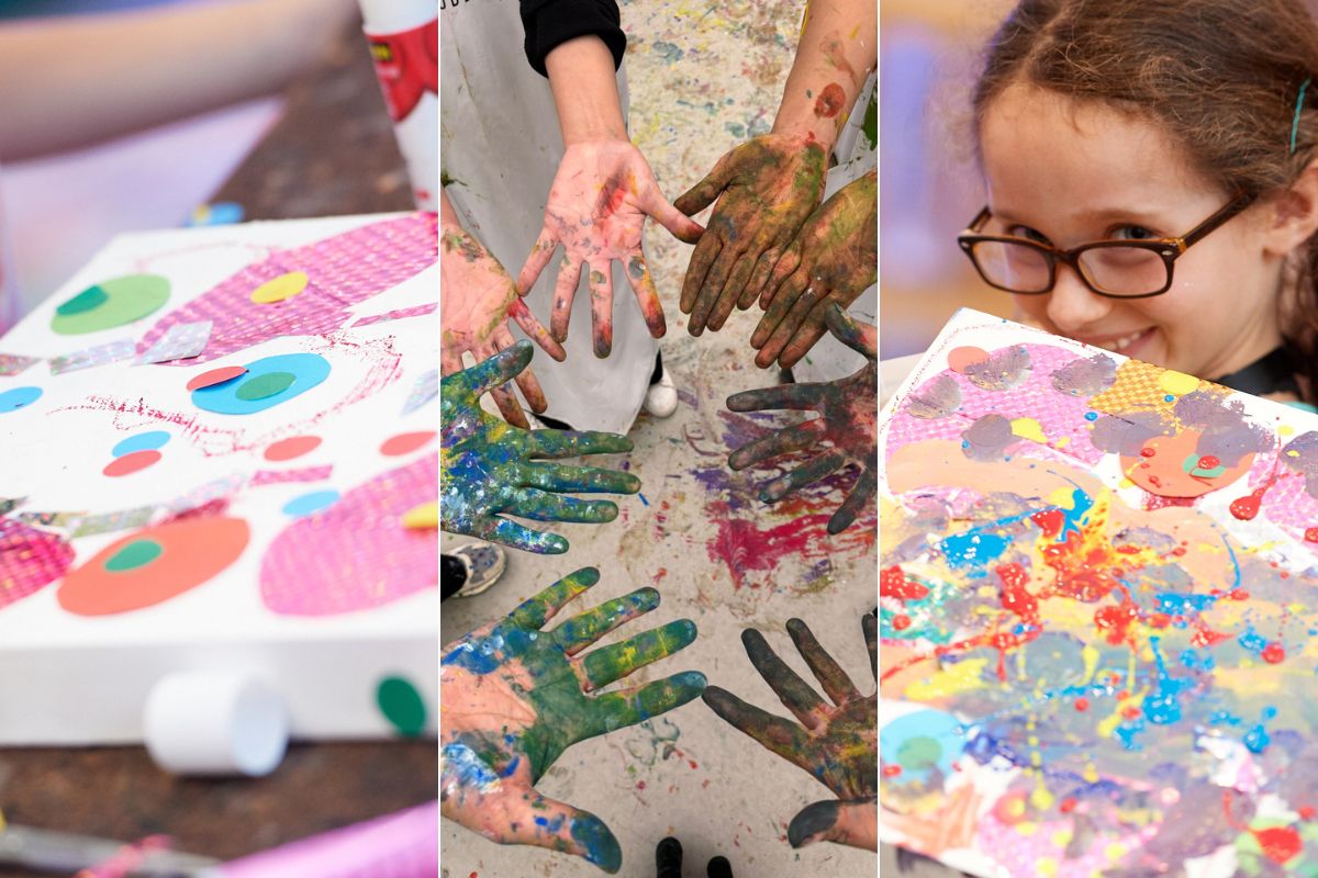 Canvas for Summer Art Camp at Manarat Al Saadiyat and Berklee Abu Dhabi featuring a canvas decorated and made by the student, hands filled with paint and a shy girl showing her creation