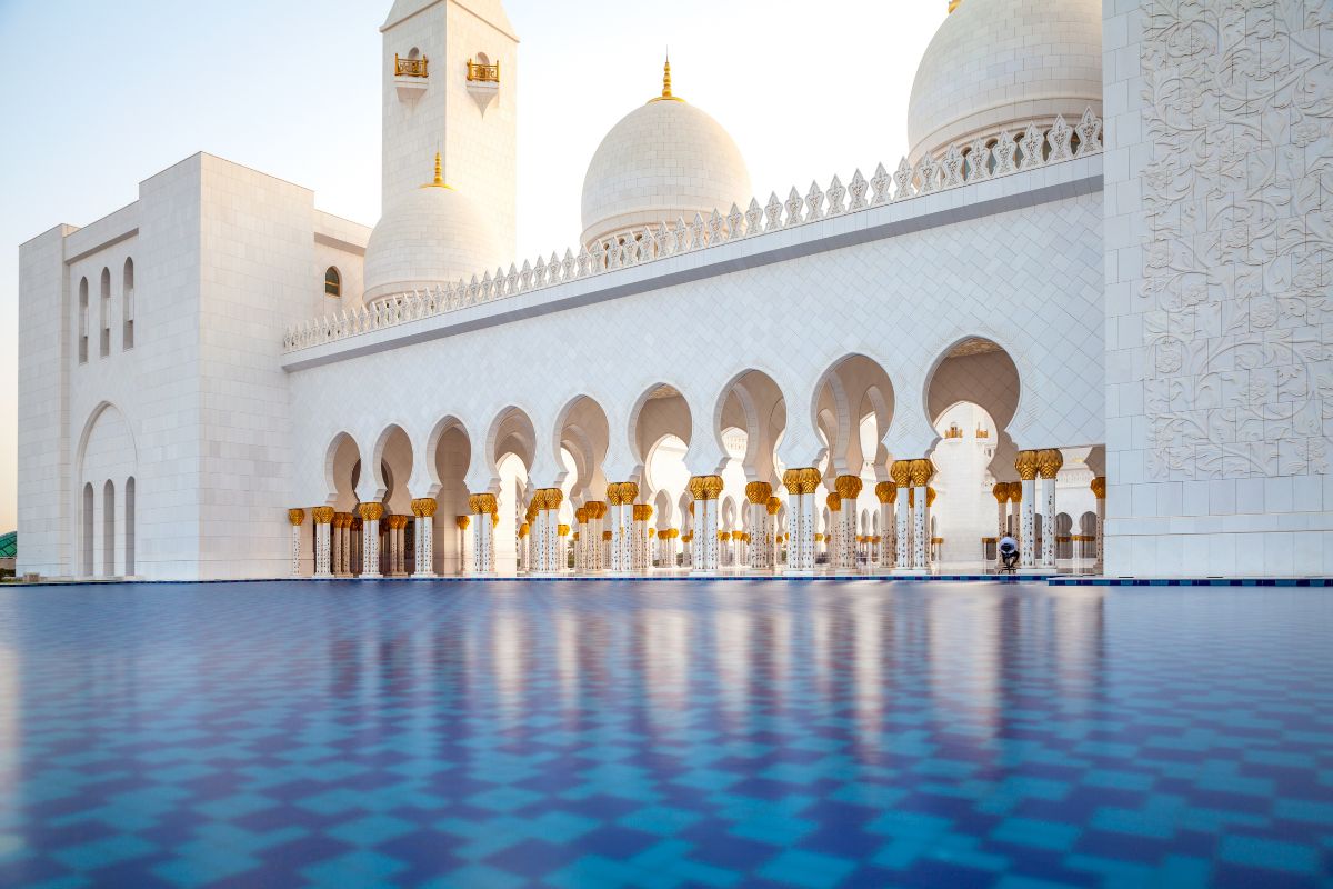 Outside view of the modern Islamic architecture found at Sheikh Zayed Grand Mosque Abu Dhabi