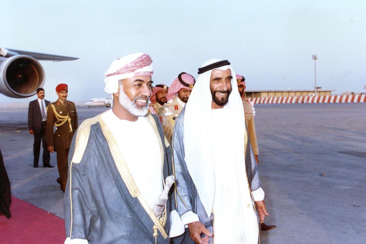 The late Sheikh Zayed bin Sultan Al Nahyan, UAE's first president and founder, together with some ambassadors from other countries