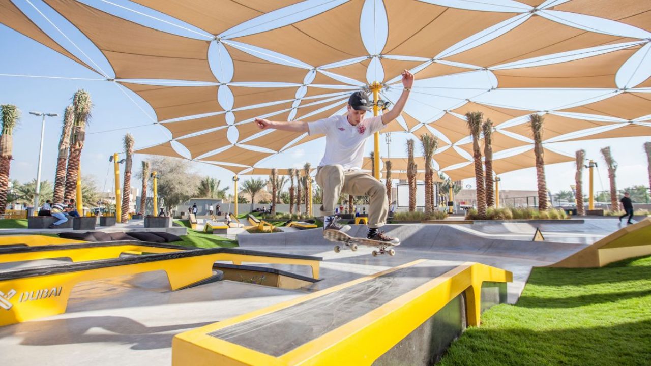 A man on a skateboard at yas bay skate park abu dhabi
