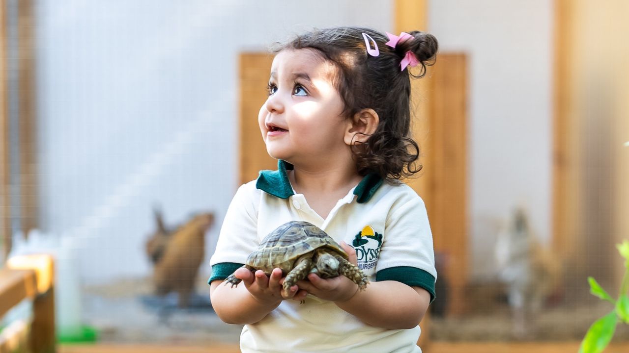 odyssey nursery child holding turtle