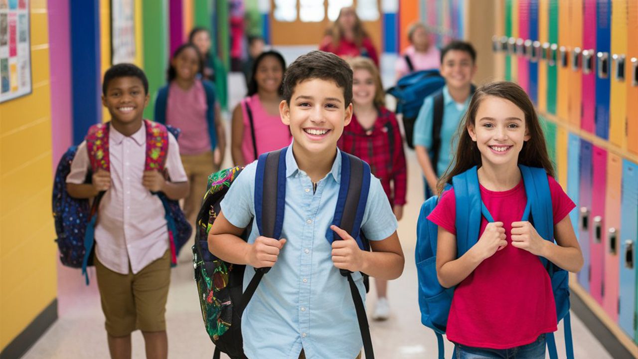 students in a hallway at school