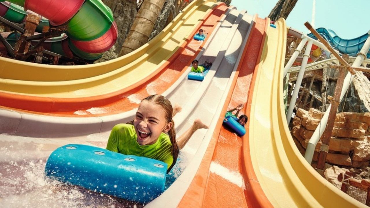 yas waterworld kids on slide