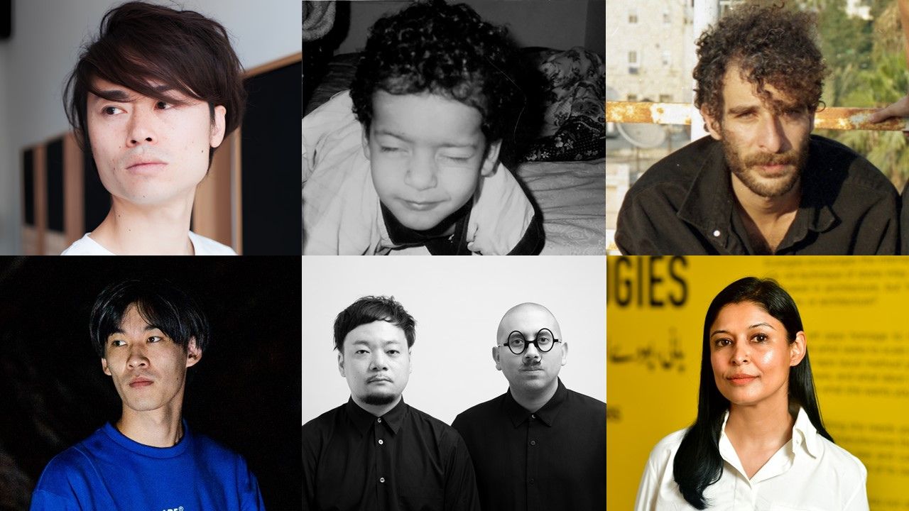 Group artists from top left to right Ryoichi Kurokawa, Jumairy and Ahmed Al-Aqra. From bottom left to right Rintaro Fuse, YOKOMAE et BOUAYAD and Hamra Abbas. Art here 2025, Louvre Abu Dhabi