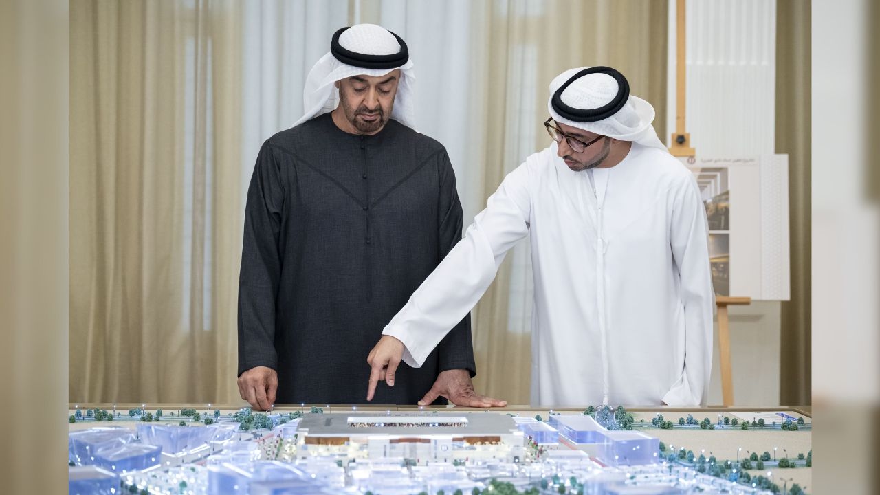 UAE President His Highness Sheikh Mohamed bin Zayed Al Nahyan reviewing the design of the new stadium in Abu Dhabi