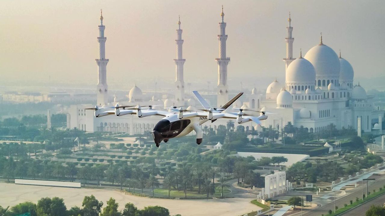 archer aviation plane flying over sheikh zayed grand mosque