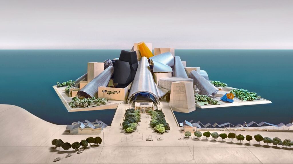 Modern Abu Dhabi skyline with innovative architecture and waterfront views.