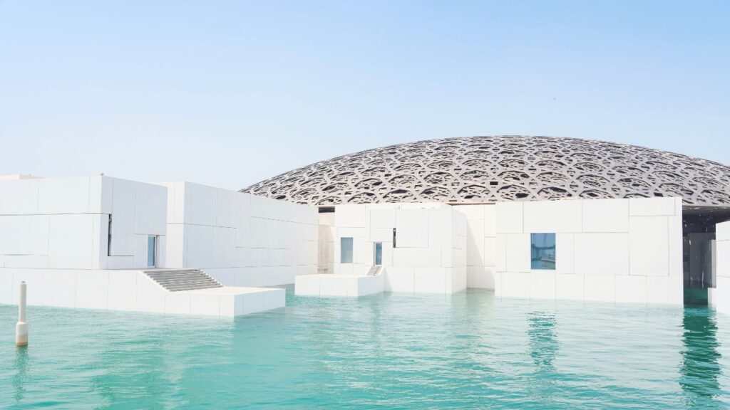 Front view of Louvre Abu Dhabi, sea view