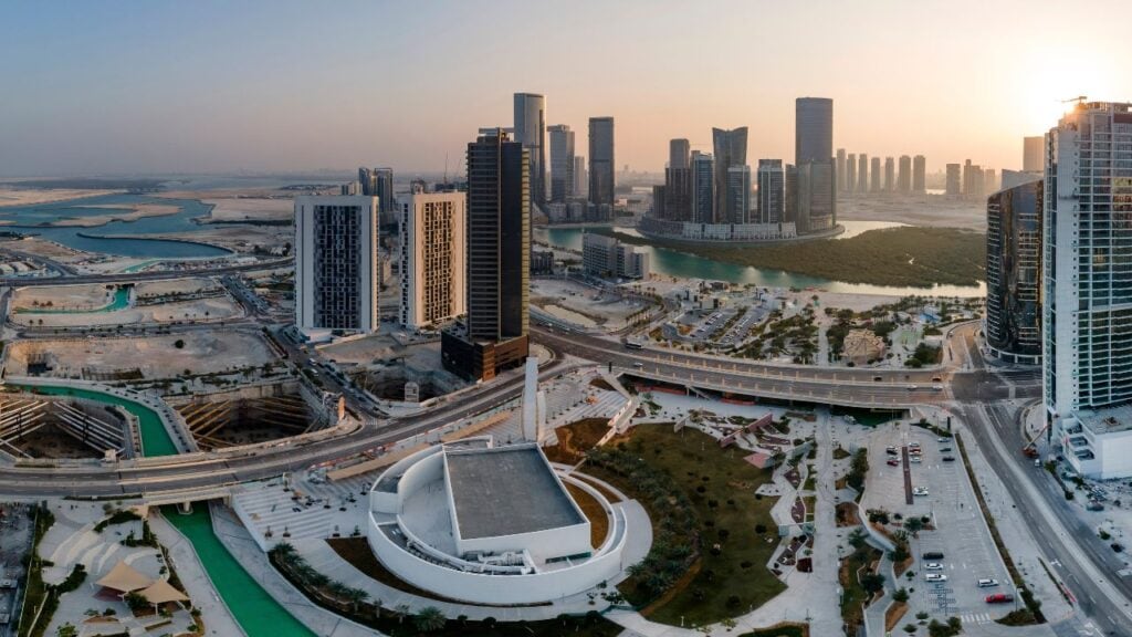 Aerial view on developing part of Al Reem island in Abu Dhabi. High resolution pano made with drone.