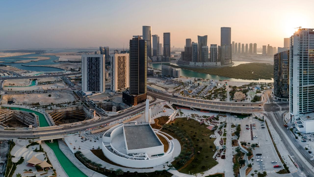 Aerial view on developing part of Al Reem island in Abu Dhabi. High resolution pano made with drone.