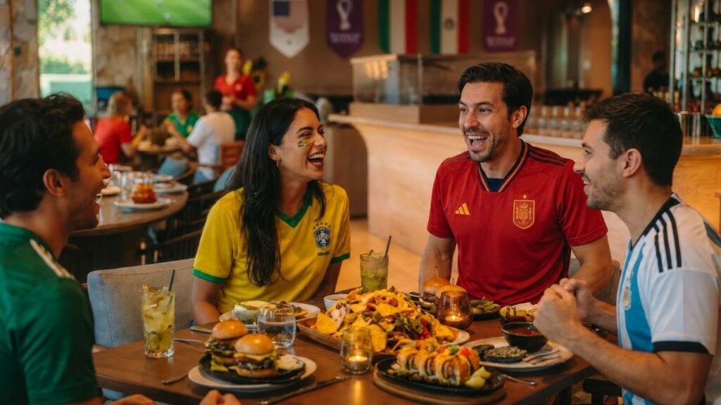 People watching a football match while sharing delicious burgers and drinks at a lively Abu Dhabi re.