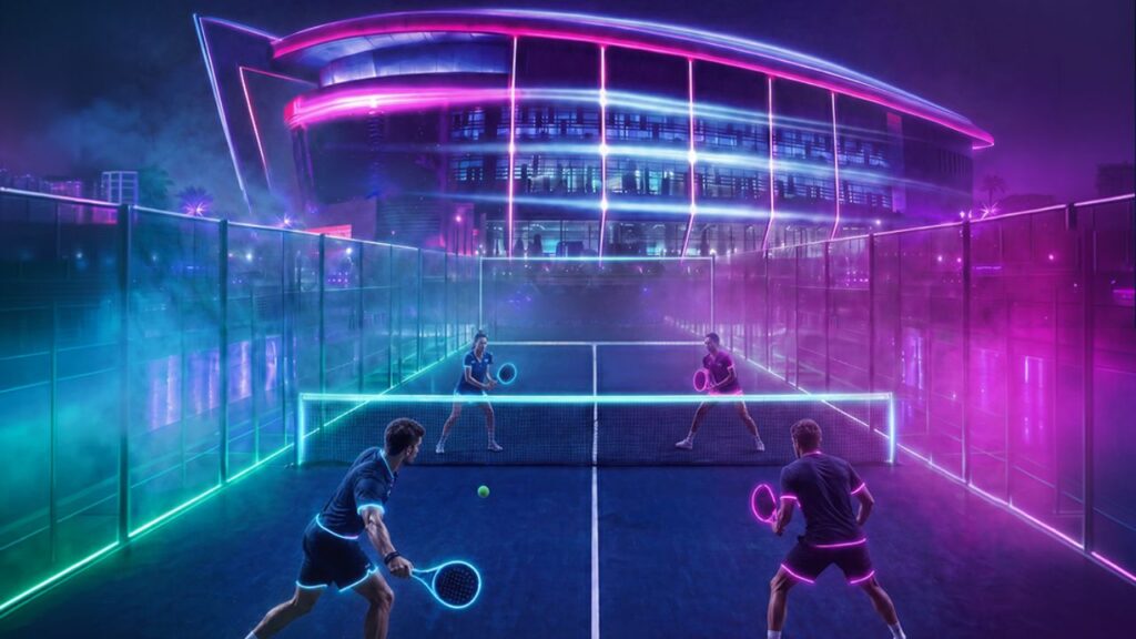 Neon padel court in front of Space42 Arena