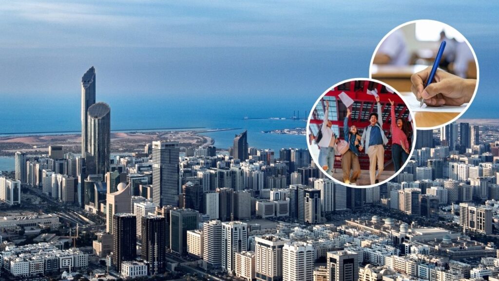 Abu Dhabi skyline with a hand writing on paper and kids celebrating