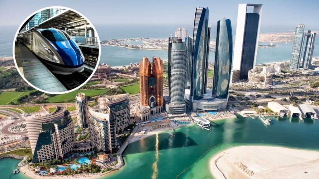 abu dhabi skyline and a circle image of fast blue high speed train