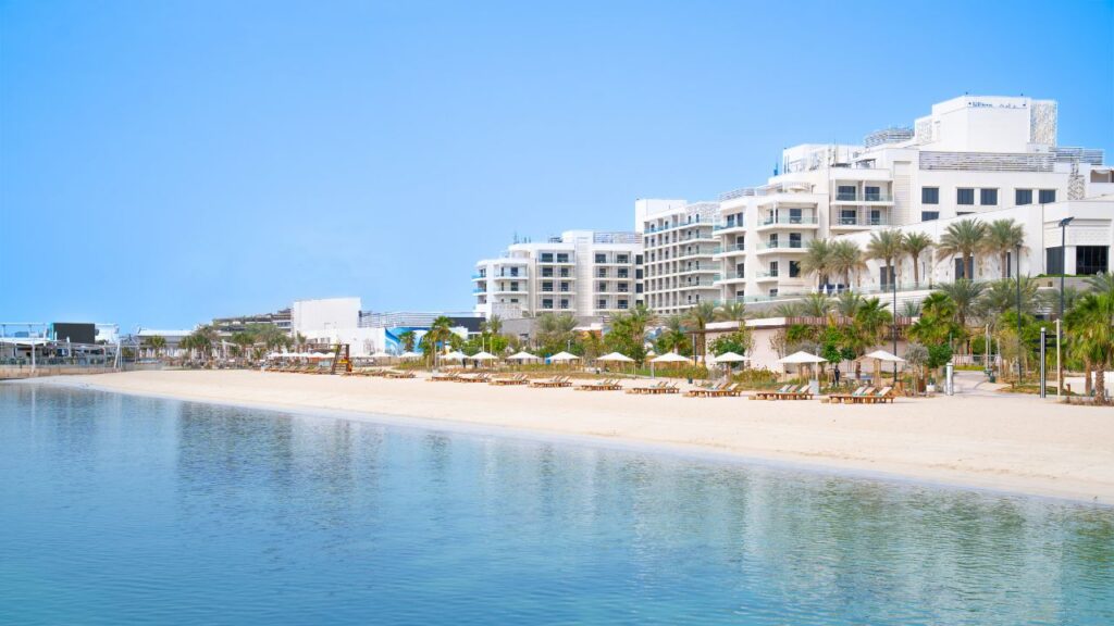 Hilton Abu Dhabi Yas Island exterior shot with the beach