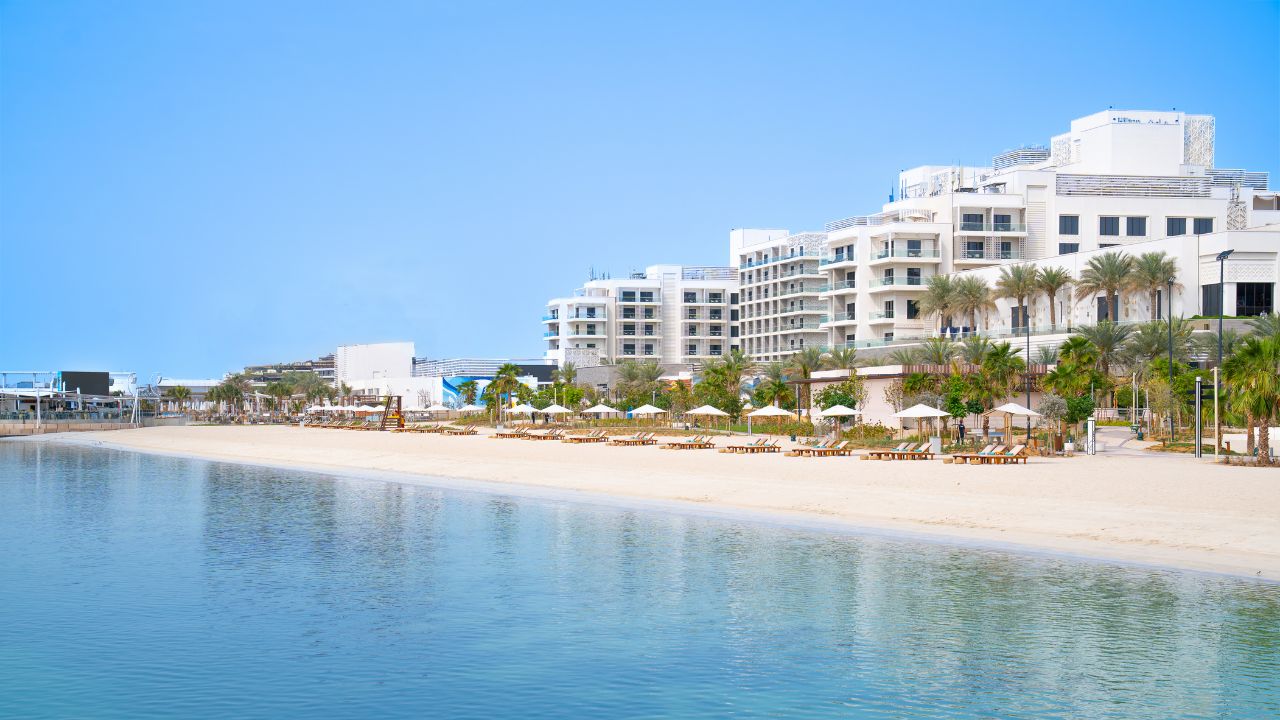 Hilton Abu Dhabi Yas Island exterior shot with the beach