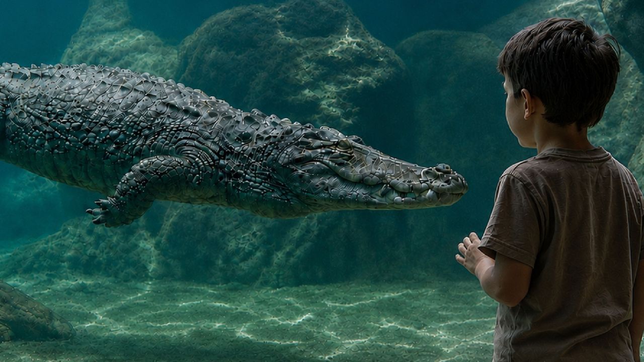 animal on water, kid looking at the alligator