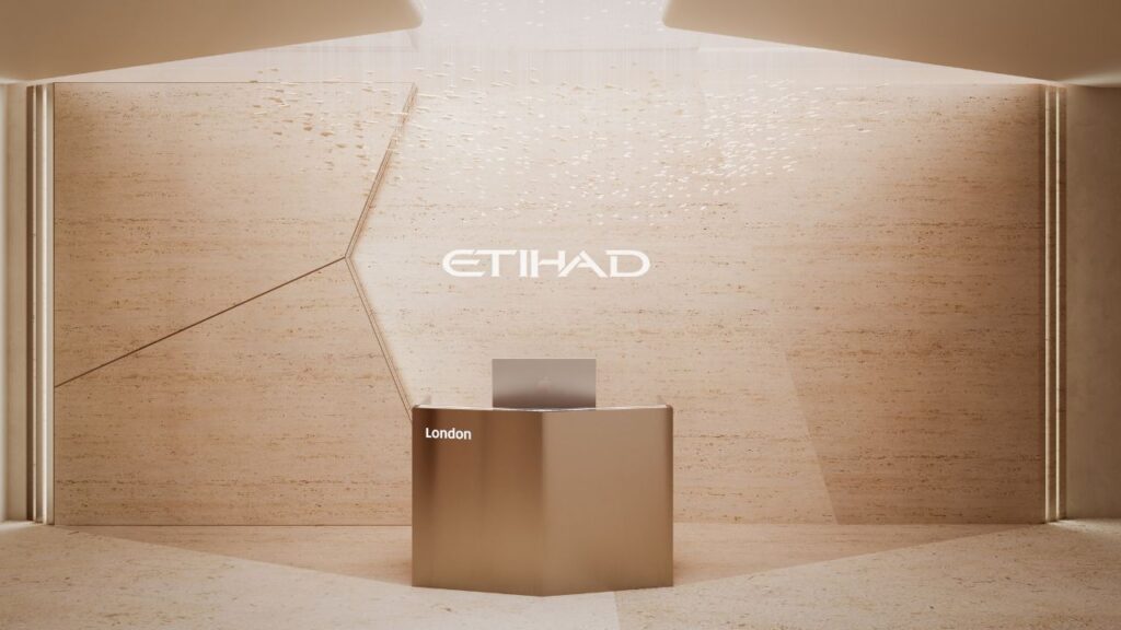 Modern reception area with Etihad branding