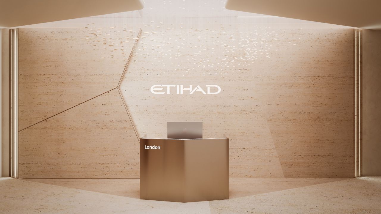 Modern reception area with Etihad branding