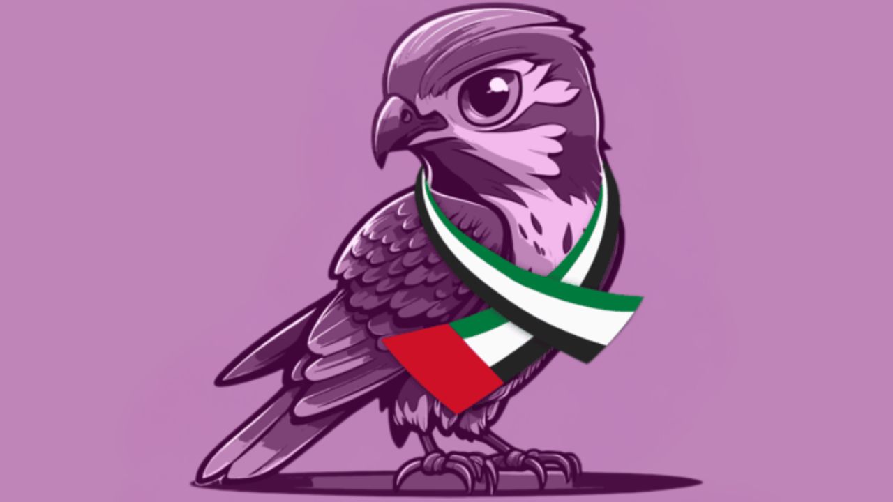 baby falcon cartoon wearing uae flag scarf