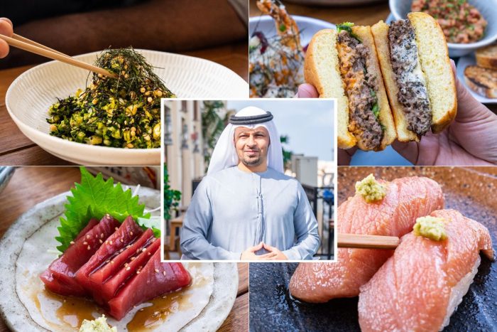 3Fils assortment of scrumptious dishes and featured in the middle, Ahmed Abdelhakim, founder of 3 Fils