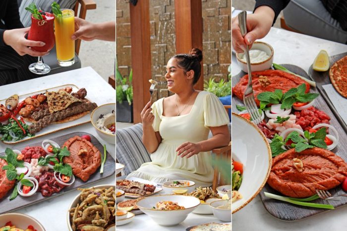 First picture shows tossing of drinks in front of an array of Arabic dishes, a lady enjoying a bite of her meal and more Arabic dishes at Fairmont Bab Al Bahr dining offers this Eid Al Adha