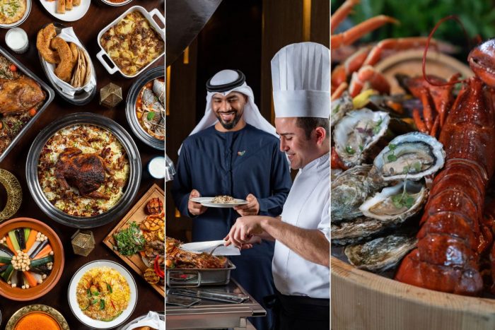 A variety of Eid Al Adha meals surf and turf style, an Emirati man holding his plate to get another serving from the chef and oyster and lobster for the surf and turf meal at Grand Hyatt Abu Dhabi Summer June offers