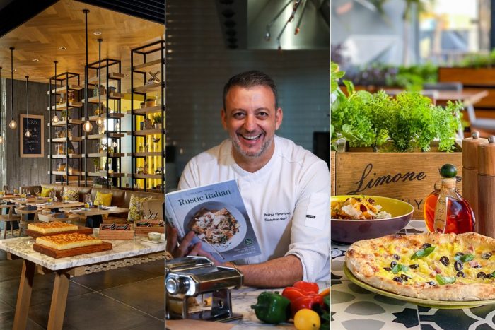 First part of the collage shows the interior design of Verso at Grand Hyatt Abu Dhabi Hotel and Residences Emirates Pearl, second picture depicts Andrea Fioravanti Executive Chef of Verso Grand Hyatt Abu Dhabi Hotel and Residences Emirates Pearl holding a rustic Italian cooking book and last picture shows a pizza with chili olive oil, lemon