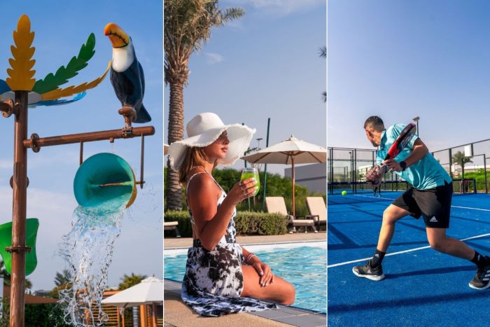 First picture shows a part of the kids' playground, second picture shows a lady sitting on the poolside enjoying a refreshing beverage under the sun and a guy playing pickleball at Yas Acres Golf and Country Club membership benefits